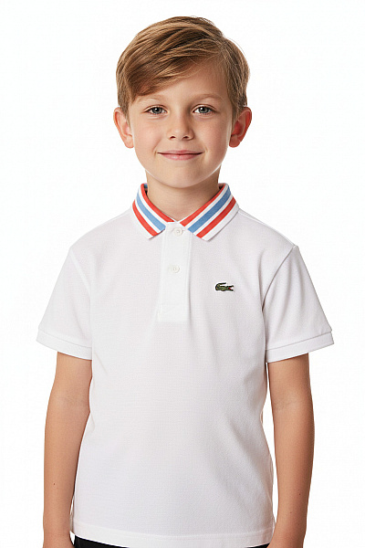 LACOSTE Dětské Chlapecké Polo Tričko Bílé Pruhovaný Límec Velikost 104