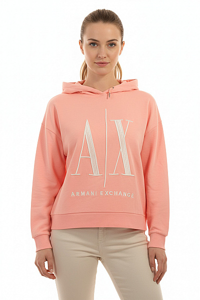 ARMANI Růžová Bavlněná Mikina S Kapucí A Výšivkou Velikost L
