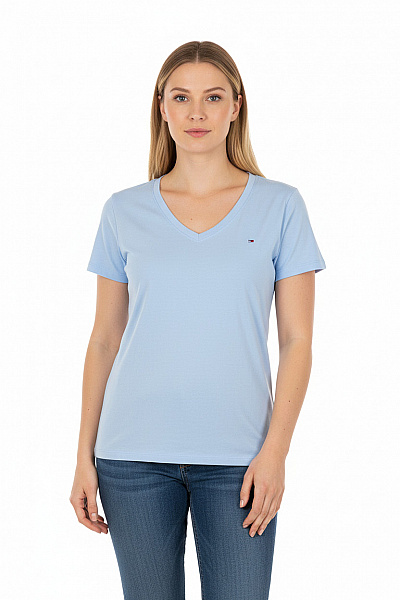 TOMMY HILFIGER Dámské Bavlněné Tričko Modré Basic Krátký Rukáv V Výstřih Velikost Xl