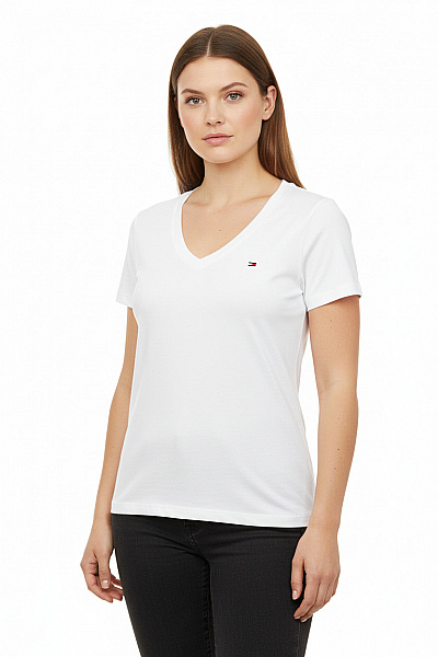 TOMMY HILFIGER Dámské Bílé Bavlněné Basic Tričko S Krátkým Rukávem V Výstřih Velikost Xl