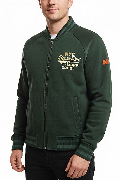 SUPERDRY Bavlněná Tmavě Zelená Bomber Mikina Se Zipem S Výšivkou Pruhovaná Streetwear Vel. M