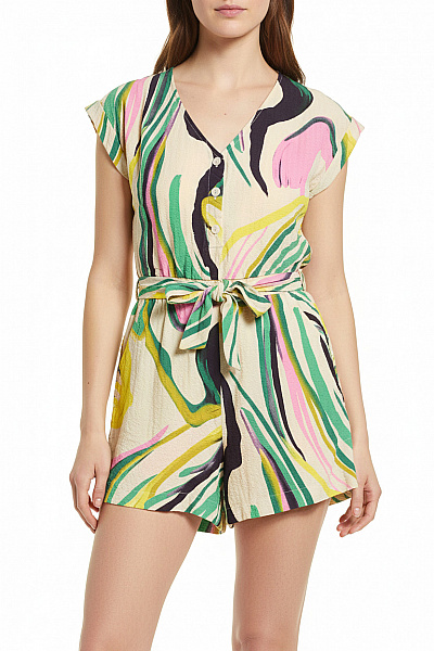 French Connection Dámský Letní Overal Krátký Rukáv Abstraktní Vzor Vázání V Pase Vel. S