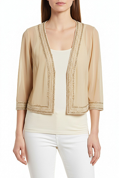 Jkara Béžové Bolerko S Flitry A Tříčtvrtečním Rukávem Elegantní Velikost 6