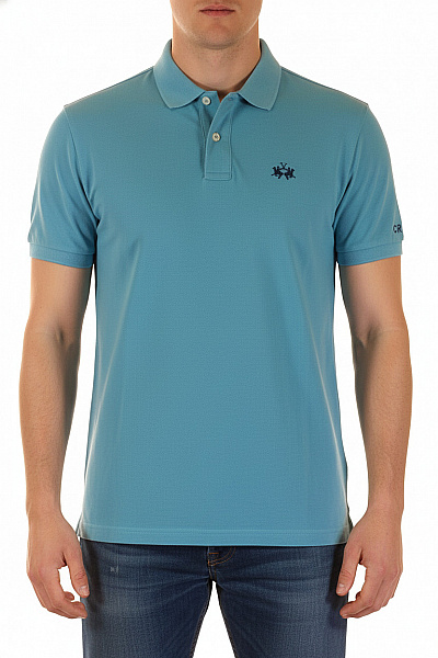 La Martina Pánské Bavlněné Modré Polo Tričko S Krátkým Rukávem A Výšivkou Velikost M