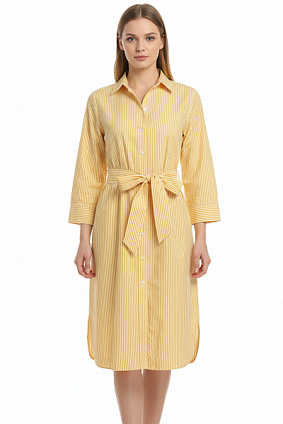 LAWRENCE GREY Bavlněné Žluté Pruhované Košilové Šaty Midi S Páskem Jarní Denní Vel. 36