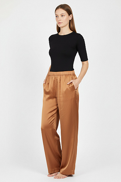 Alberta Ferretti Dámské Saténové Společenské Kalhoty Hnědé Volné S Gumou V Pase Vel. 42