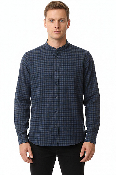 Pánské Modré Kostkované Bavlněné Košile S Dlouhým Rukávem A Stojáčkem Ležérní Vel. L