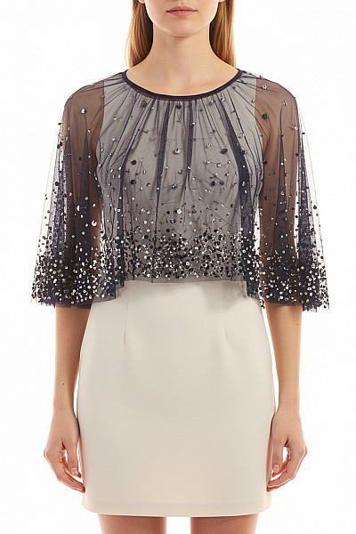 AIDAN MATTOX Tmavě Modré Síťované Bolerko S Flitry Elegantní Krátký Rukáv Vel. 6