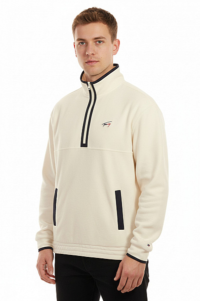 TOMMY HILFIGER Pánská Krémová Fleecová Mikina Přes Hlavu S Logem A Kapsou Velikost M