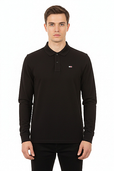 TOMMY HILFIGER Pánské Polo Tričko Dlouhý Rukáv Jednobarevné Basic Černé Vel. L