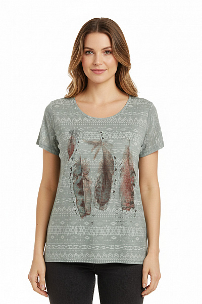 Street One Dámské Tričko Zelené S Potiskem Peří Etno Vzor Krátký Rukáv Velikost 42