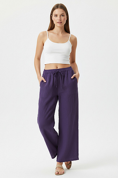 Dámské Fialové Lněné široké Volné Kalhoty S Gumou V Pase Velikost S
