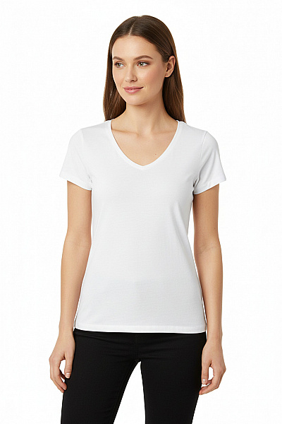 Dámské Bílé Tričko V-výstřih Krátký Rukáv Bavlna Modal Basic Vel. M