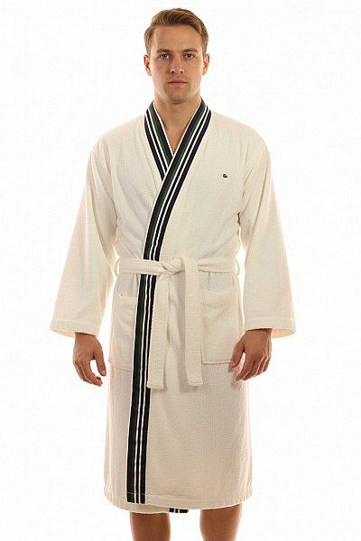LACOSTE Bílý Froté župan S Pruhy Na Lemu