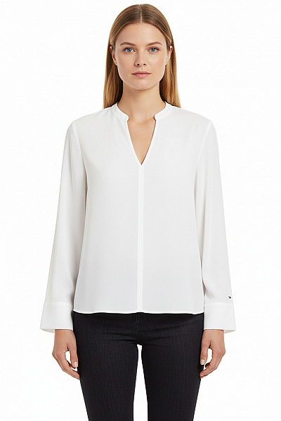 TOMMY HILFIGER Bílá Viskózová Halenka S Dlouhým Rukávem Elegantní Volná Výstřih Do V Velikost 42