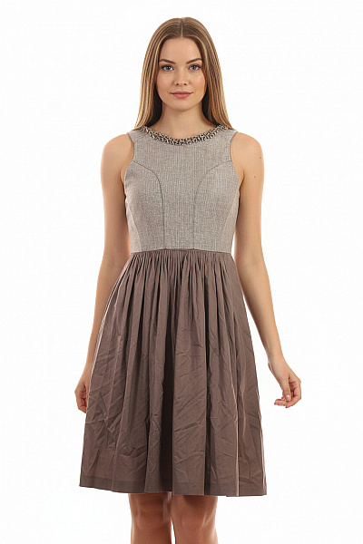 Šaty Bez Rukávů šedé Hnědé Plisované Elegantní Retro Ke Kolenům Vel. 40