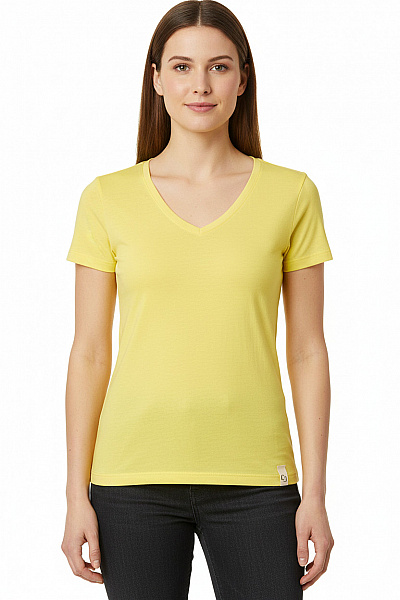 Dámské žluté Bavlněné Modalové Tričko Basic V-výstřih Krátký Rukáv Vel. S
