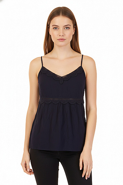 Dámské Tmavé Tílko špagetová Ramínka Krajka Volánový Střih Vel. 38