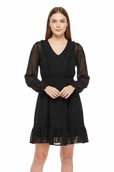 Černé šifonové Puntíkované šaty S Dlouhým Rukávem Mini Volánové Romantické Velikost L