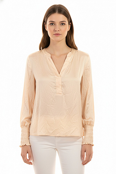 Tonno & Panna Hedvábná Halenka Béžová Vrásčitá Elegantní S Dlouhým Rukávem S Výstřihem Do V Velikost 42