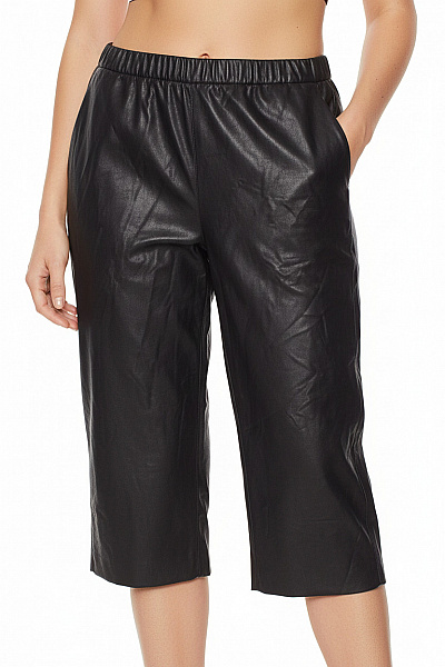 Dámské 3/4 Koženkové Volné Pohodlné černé Kalhoty S Gumou V Pase Velikost 46