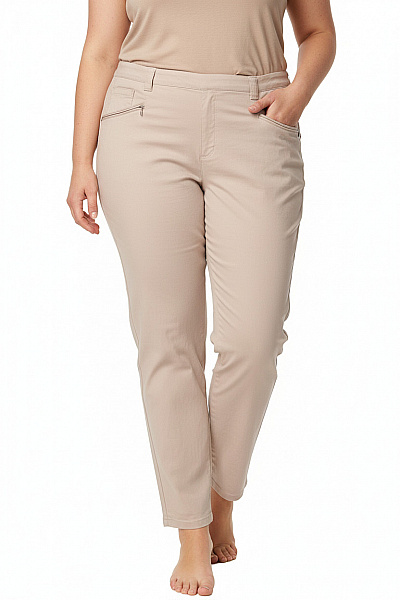 Ulla Popken Dámské Béžové Rovné Pohodlné Volnočasové Kalhoty S Kapsami Velikost 108
