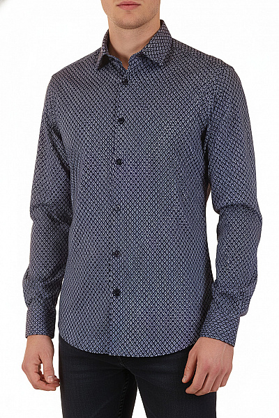 Hugo Boss Pánská Modrá Vzorovaná Košile Slim Fit S Dlouhým Rukávem Elegantní Velikost M