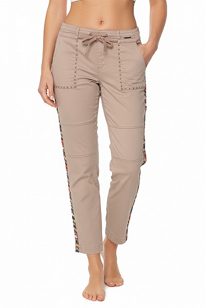 DESIGUAL Rovné Kalhoty Béžové S Mašlí Cvočky Etno Pruh Ležérní Pohodlné Vel. 36