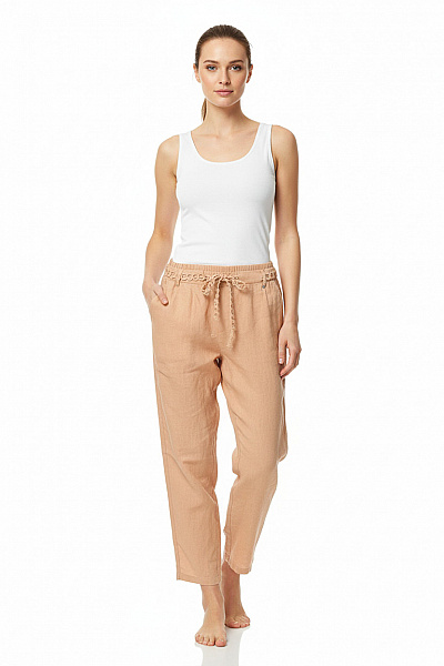 NILE Dámské Letní Volné Lněné Kalhoty S Páskem Pohodlné Béžové Vel. S