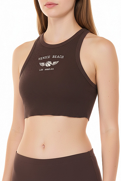 Bershka Dámský Hnědý Crop Top žebrovaný S Nápisem Venice Beach Vel. XS