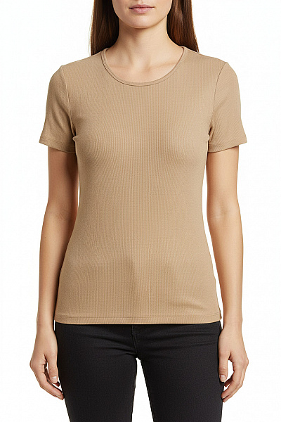 HM  Dámské Béžové Basic Tričko S Krátkým Rukávem A Kulatým Výstřihem Jednoduché Vel. XS