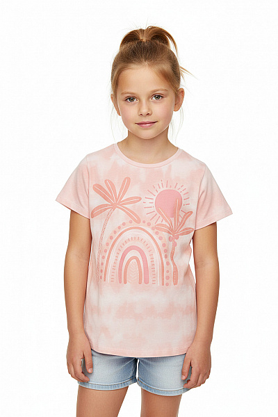 Dívčí Tričko TieDye Růžové Palmy Duha Letní Krátký Velikost 116