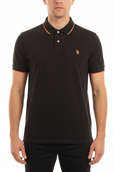 U.S.POLO ASSN. Polo Tričko černé S Krátkým Rukávem A Oranžovou Paspulkou Vel. L