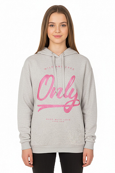 ONLY Dívčí šedá Mikina S Kapucí Třpytivý Nápis Volný Střih Vel. 158/164