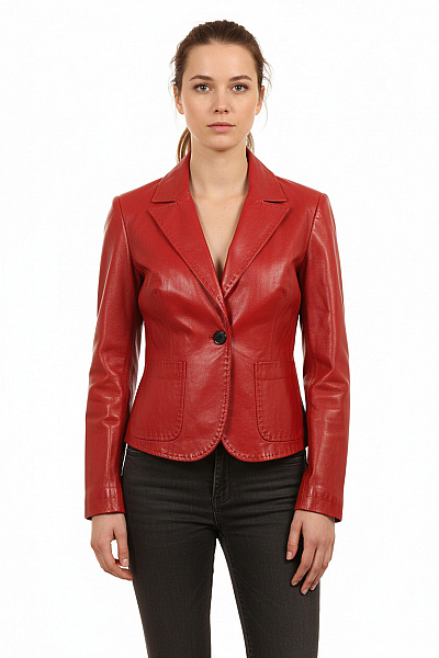 CIGNO NERO Dámská červená Kožená Krátká Saka Elegantní Vypasovaná Vel. 36