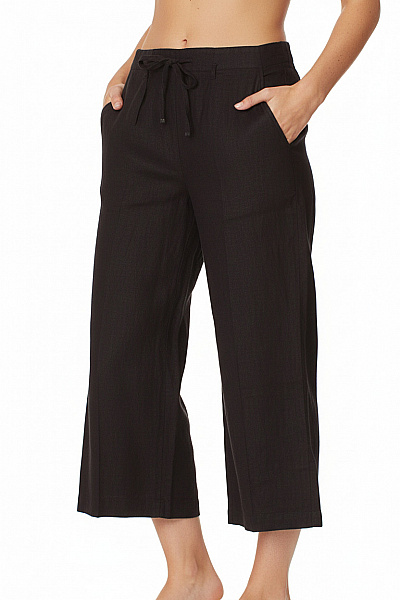 TAIFUN Černé Lněné 3/4 Kalhoty Volné S Páskem Pohodlné Ležérní Vel. 40