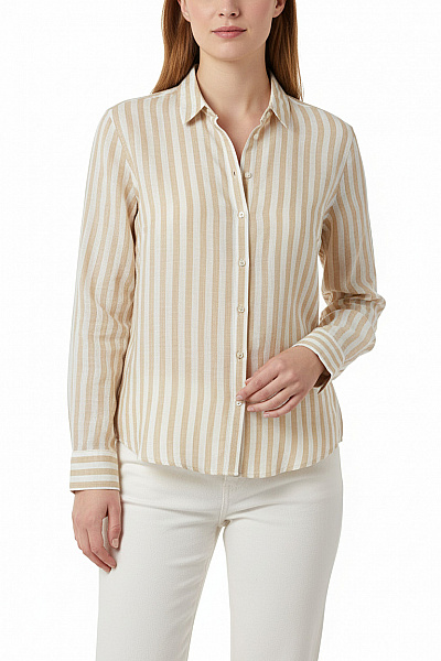 FYNCH-HATTON Dámská Lněná Košile Béžová Pruhovaná Dlouhý Rukáv Ležérní Velikost 36