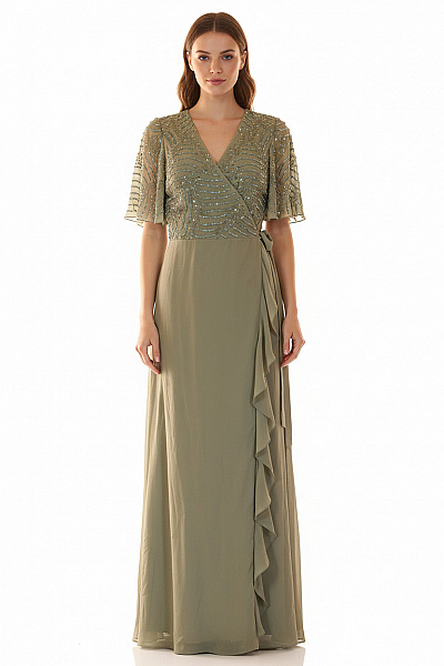 Little Mistress Zelené Zavinovací Společenské šaty S Krátkým Rukávem A Flitry Velikost 38