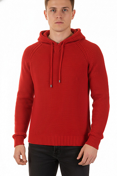 Pánský červený Pletený Pulovr S Kapucí žebrovaný Teplý Vel. S