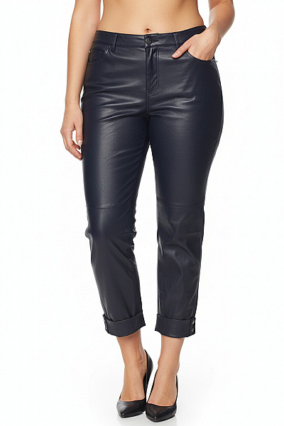Monari Dámské Kožené Rovné Kalhoty Tmavě Modré Lesklé Ležérní S Kapsami Velikost 44