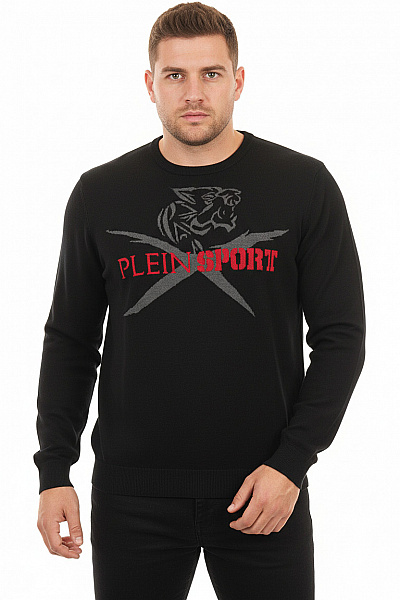 PLEIN SPORT Pánský černý Sportovní Svetr Přes Hlavu S Potiskem Tygra Vel. XXL