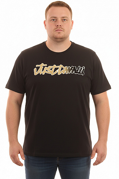 Just Cavalli Pánské černé Tričko S Krátkým Rukávem A Zlatým Nápisem Velikost XXXL