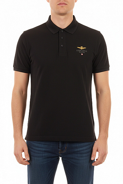 Aeronautica Militare Pánské černé Polo Tričko S Krátkým Rukávem A Výšivkou Vel. L