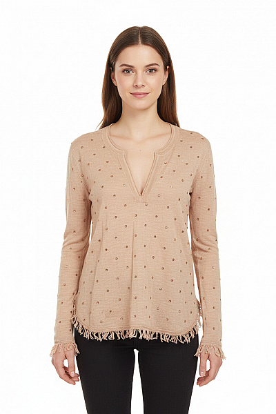 Zadig&Voltaire Deluxe Béžová Halenka S Kamínky A Výstřihem Do V S Dlouhým Rukávem Vel. S