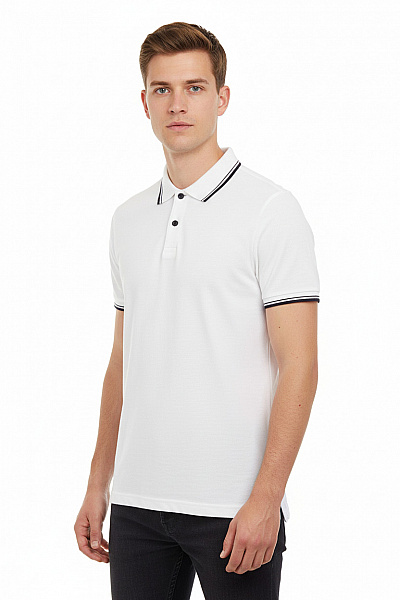 LAWRENCE GREY Bavlněné Bílé Polo Tričko S Krátkým Rukávem A Proužkem Vel. L