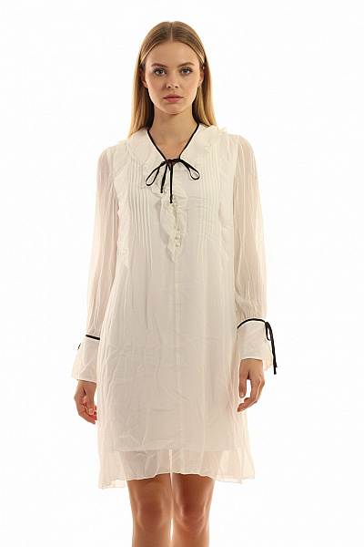 MARCCAIN Bílé šifonové Tunikové šaty S Dlouhým Rukávem A Mašlí Vel. M