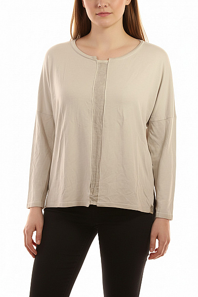 Dámské Tričko Dlouhý Rukáv Béžové Jednobarevné Basic Oversize S Kulatým Výstřihem Velikost L