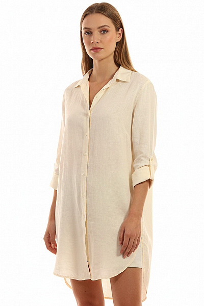 Knowledge Cotton Apparel Dámská Prodloužená Lněná Košile Krémová Ležérní Dlouhý Rukáv Vel. Xs