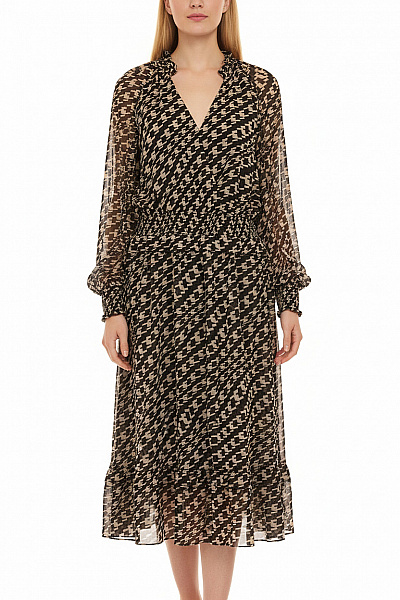 MARCCAIN Dlouhé Midi šaty Polyester Houndstooth Volné Elegantní S Dlouhým Rukávem Vel. 5