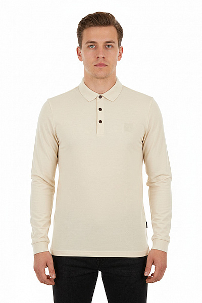 Hugo Boss Bavlněné Pánské Béžové Jednobarevné Polo Dlouhé Rukávy Basic Velikost M